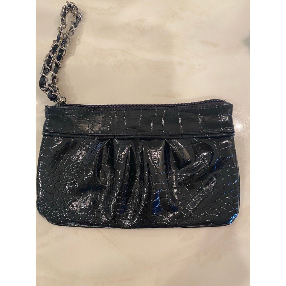 Icing Black Faux Snakeskin Elegant Fancy Formal‎ Wristlet Clutch w/ Chain Strap